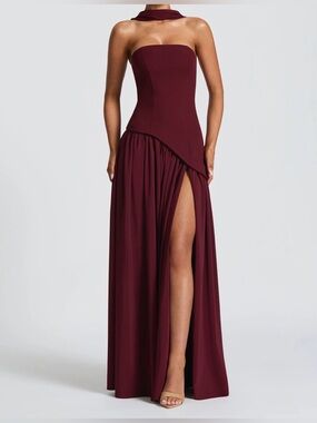 Strapless Burgundy High-Slit Evening Gown